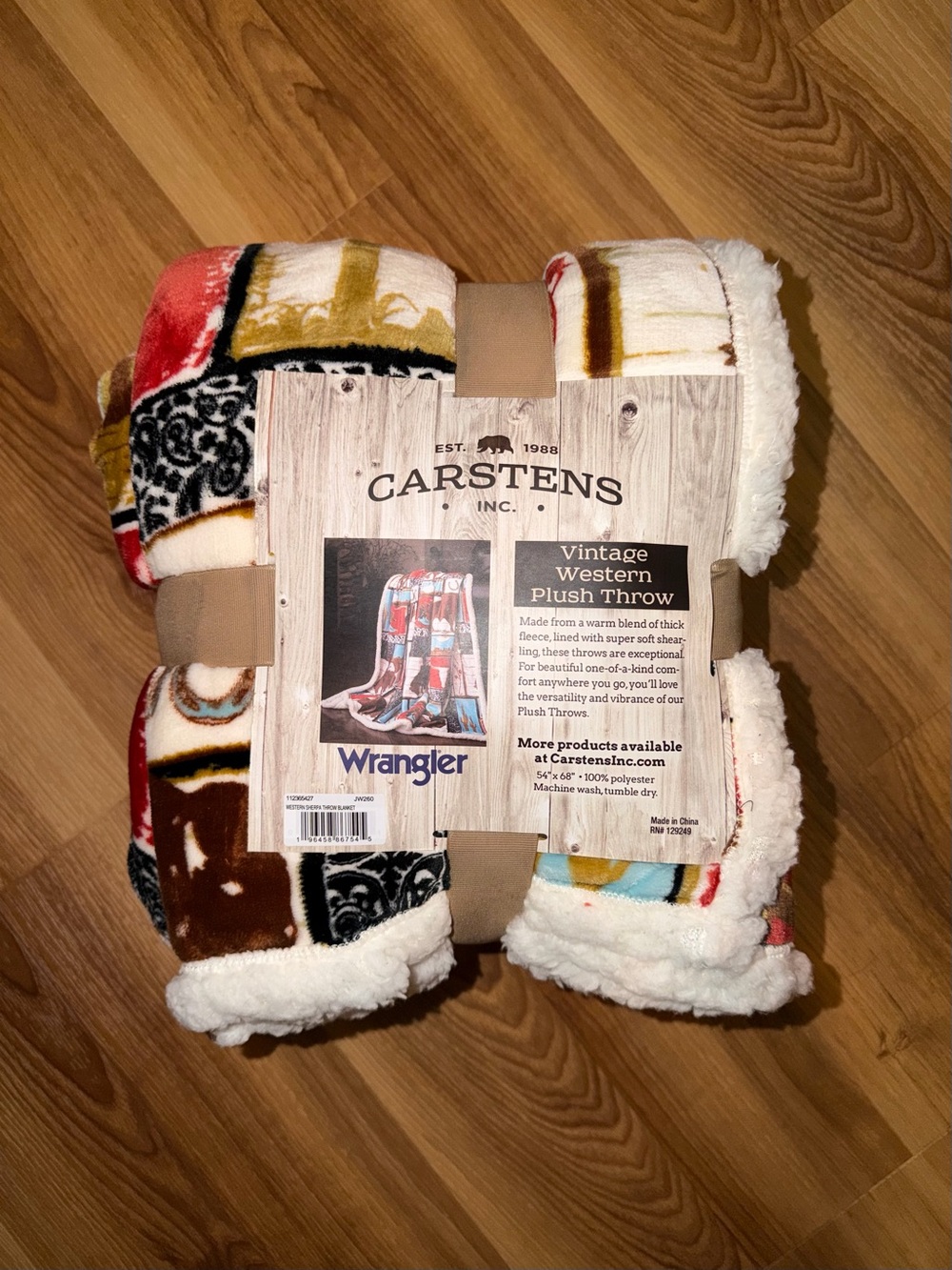 Wrangler Western Patchwork Sherpa Throw - Red, Brown, Cream, Black
